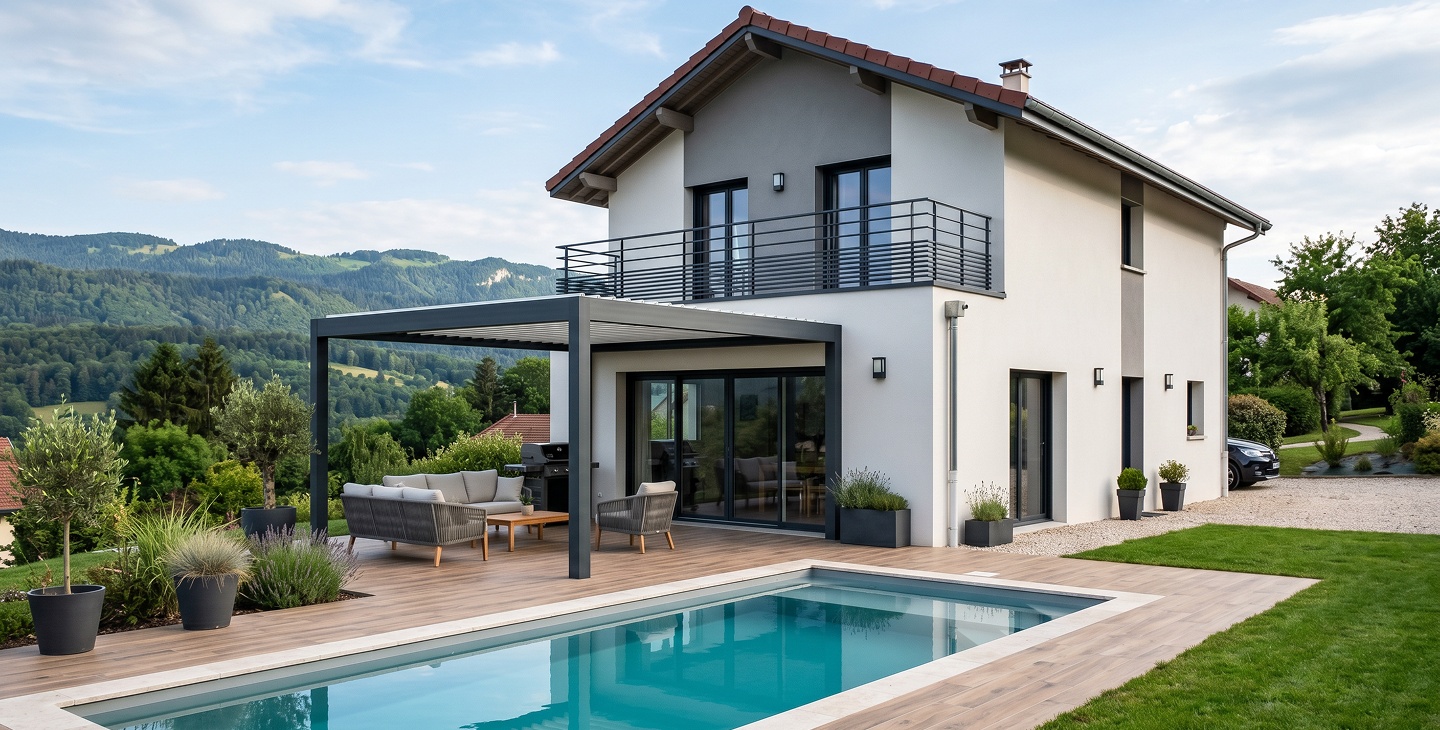 Maison moderne avec piscine et pergola, vue sur les montagnes
