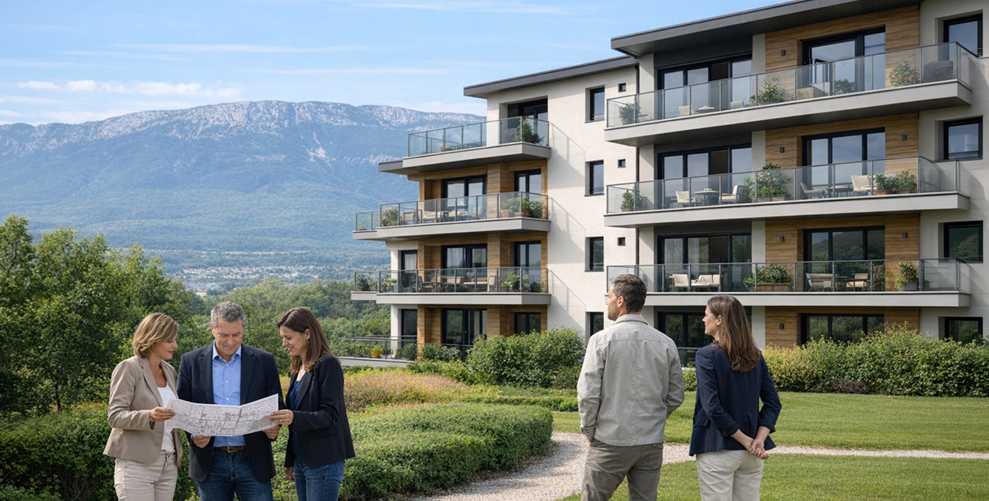 Professionnels consultant des plans devant un immeuble résidentiel moderne