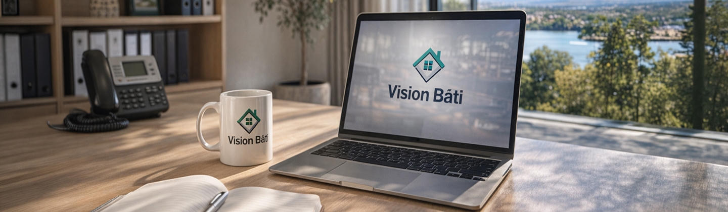 Bureau Vision Bâti avec ordinateur, mug logo et vue sur le lac