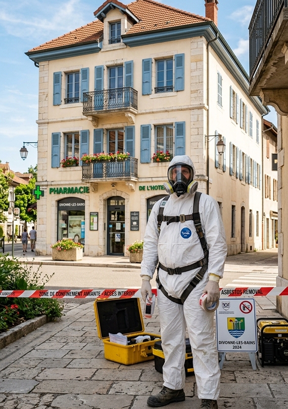Technicien en combinaison devant une zone de confinement amiante à Divonne-les-Bains
