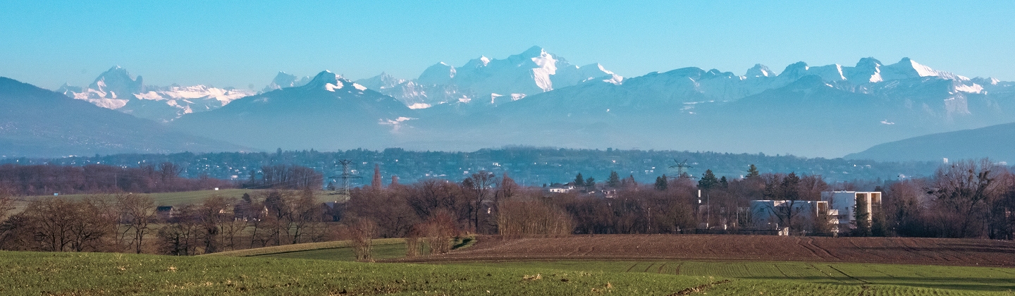 Paysage de campagne avec chaîne de montagnes enneigées des Alpes au loin