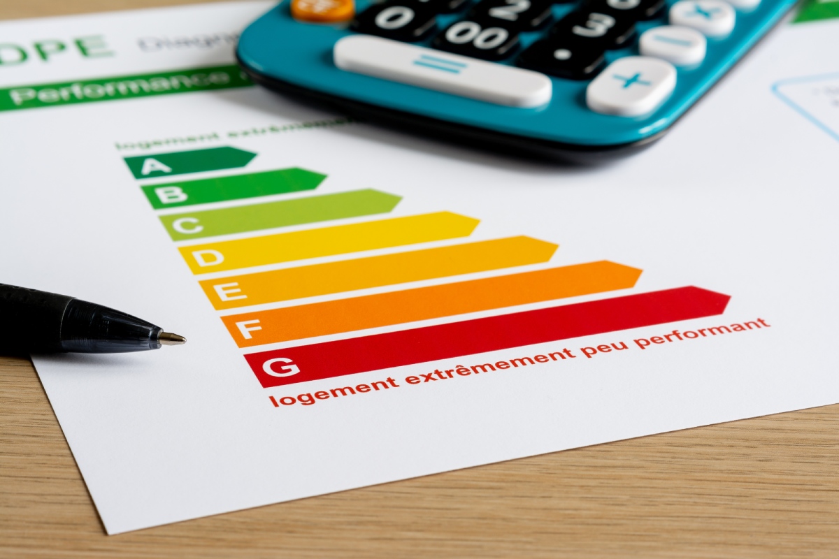 Document DPE classe G, logement peu performant, avec calculatrice et stylo